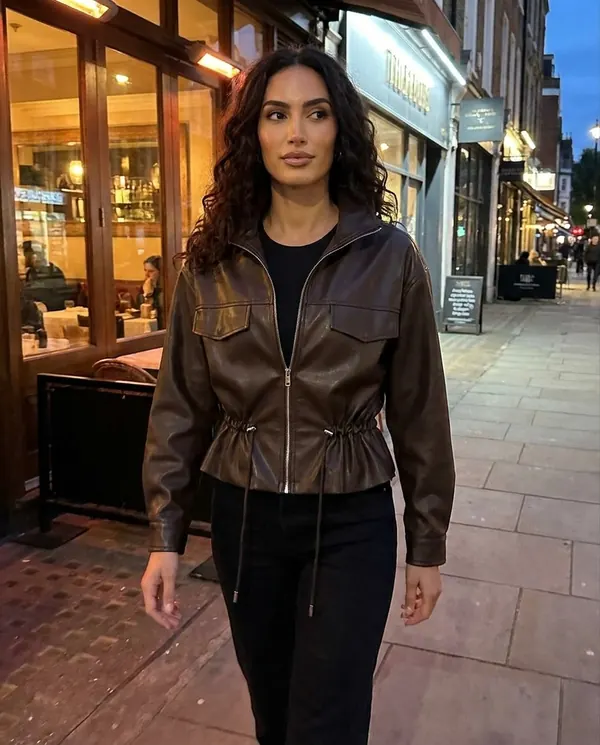 Satin Eve styling: Faux Leather Drawstring-Waist Zip Jacket
