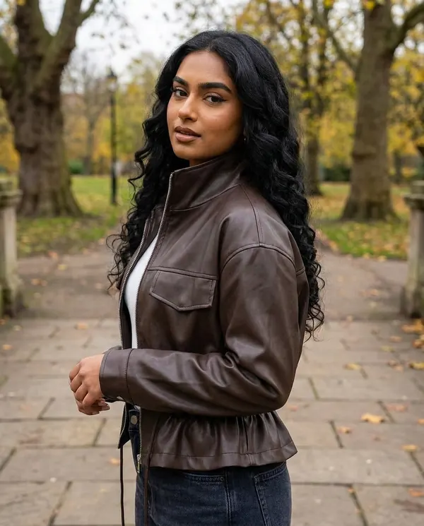 Satin Eve styling: Faux Leather Drawstring-Waist Zip Jacket