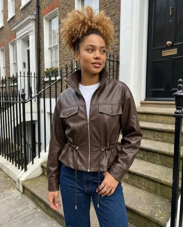 Satin Eve styling: Faux Leather Drawstring-Waist Zip Jacket
