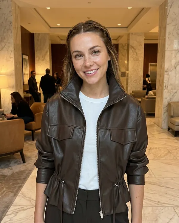 Satin Eve styling: Faux Leather Drawstring-Waist Zip Jacket
