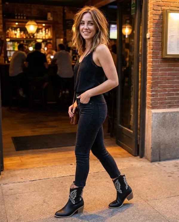 Satin Eve styling: Black Embroidered Western Ankle Boot