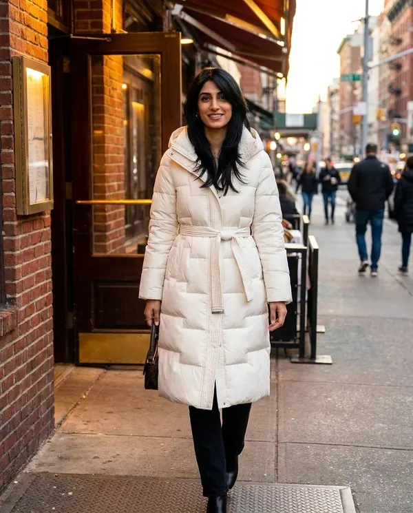 Satin Eve styling: Belted Quilted Puffer Coat
