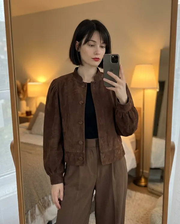 Satin Eve styling: Faux Suede Puff-Sleeve Button Jacket