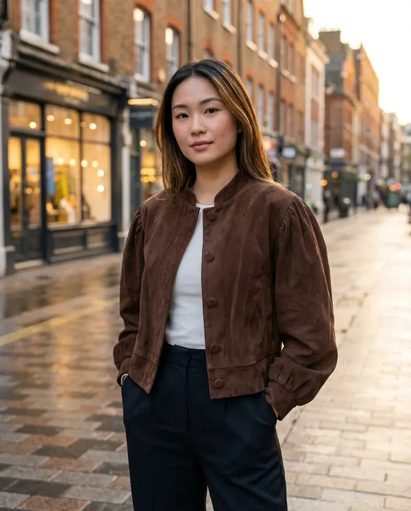 Satin Eve styling: Faux Suede Puff-Sleeve Button Jacket