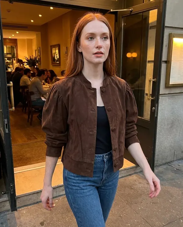 Satin Eve styling: Faux Suede Puff-Sleeve Button Jacket