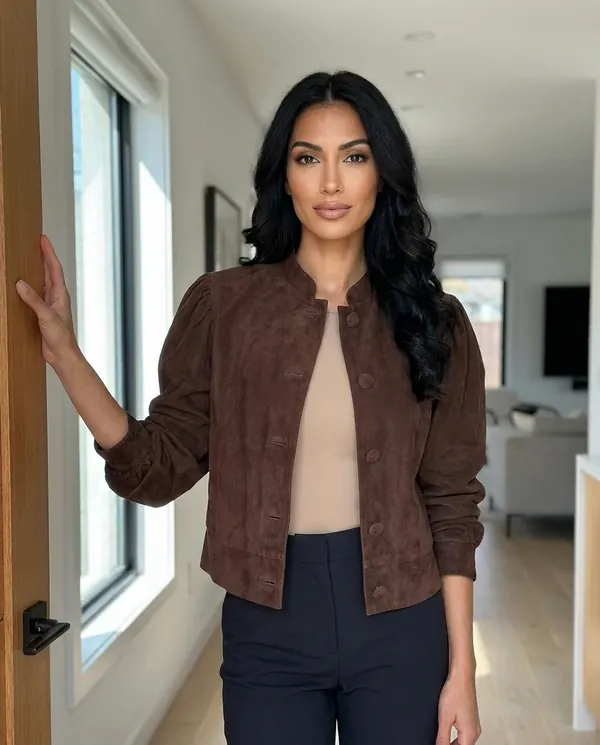 Satin Eve styling: Faux Suede Puff-Sleeve Button Jacket
