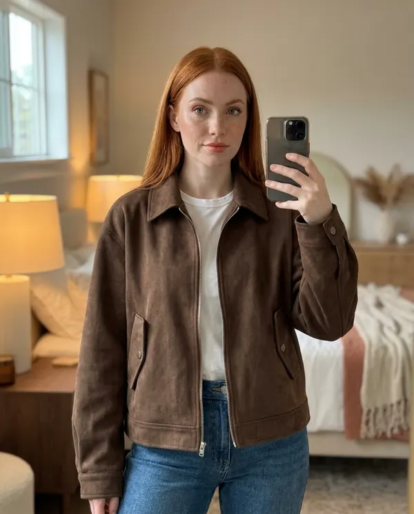 Satin Eve styling: Faux Suede Collared Zip Jacket