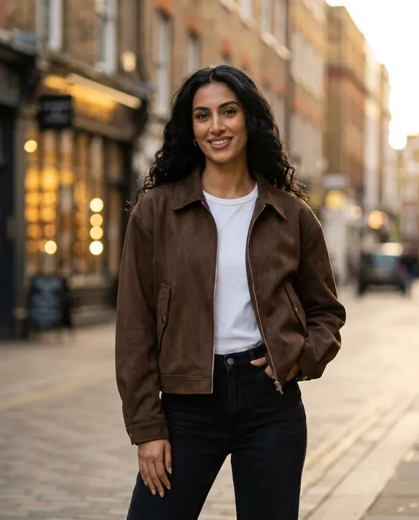 Satin Eve styling: Faux Suede Collared Zip Jacket