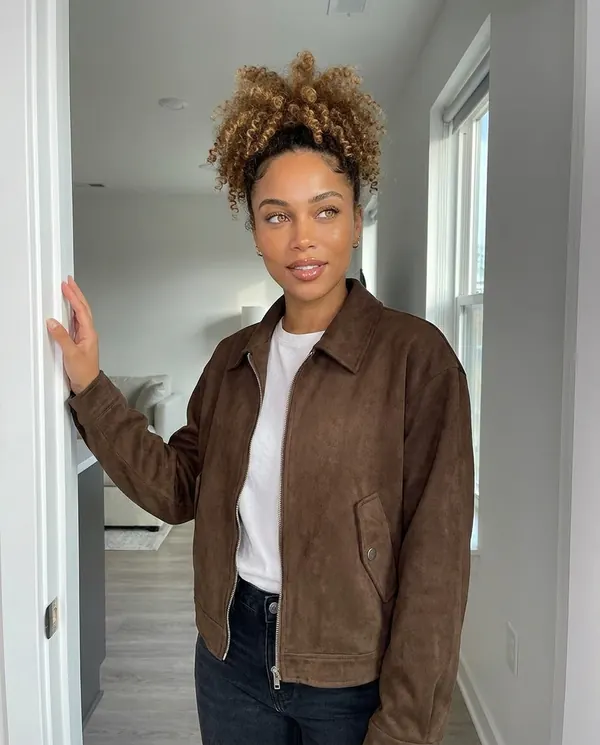 Satin Eve styling: Faux Suede Collared Zip Jacket