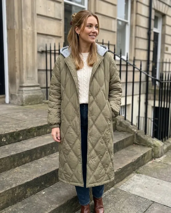 Satin Eve styling: Diamond-Quilted Coat with Jersey Hood