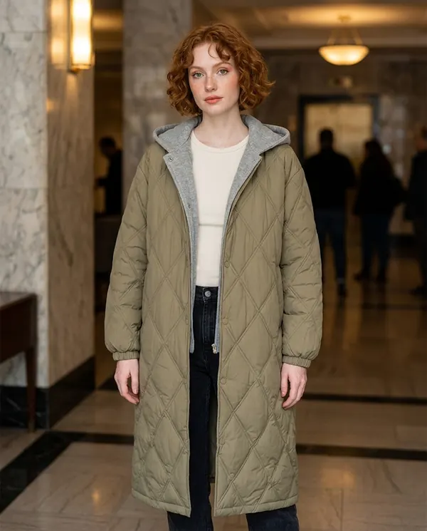Satin Eve styling: Diamond-Quilted Coat with Jersey Hood