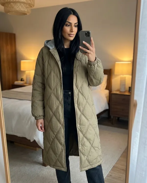 Satin Eve styling: Diamond-Quilted Coat with Jersey Hood