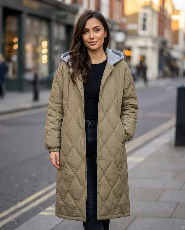 Satin Eve styling: Diamond-Quilted Coat with Jersey Hood