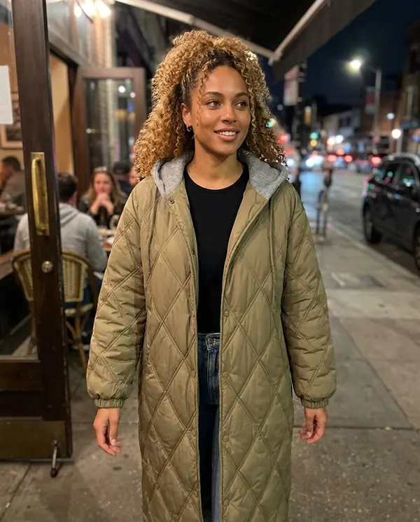Satin Eve styling: Diamond-Quilted Coat with Jersey Hood