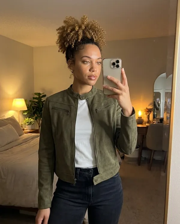 Satin Eve styling: Faux Suede Zip Moto Jacket