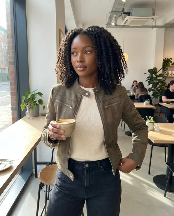 Satin Eve styling: Faux Suede Zip Moto Jacket