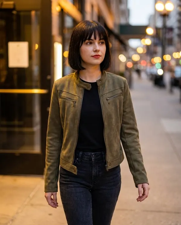 Satin Eve styling: Faux Suede Zip Moto Jacket