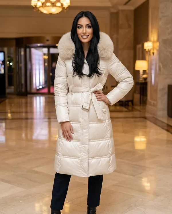 Satin Eve styling: Faux Fur Hood Belted Puffer Coat