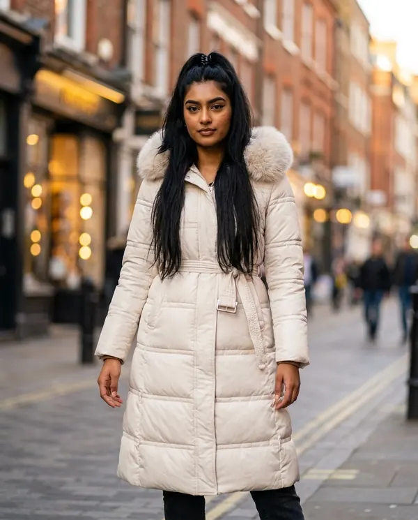 Satin Eve styling: Faux Fur Hood Belted Puffer Coat