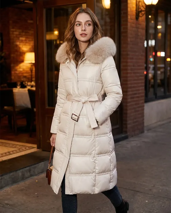Satin Eve styling: Faux Fur Hood Belted Puffer Coat