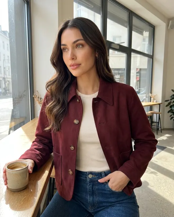 Satin Eve styling: Faux Suede Collared Button Jacket