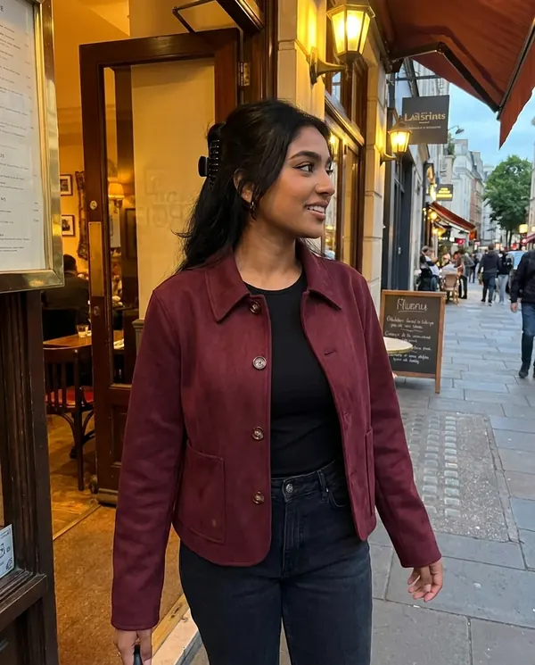Satin Eve styling: Faux Suede Collared Button Jacket