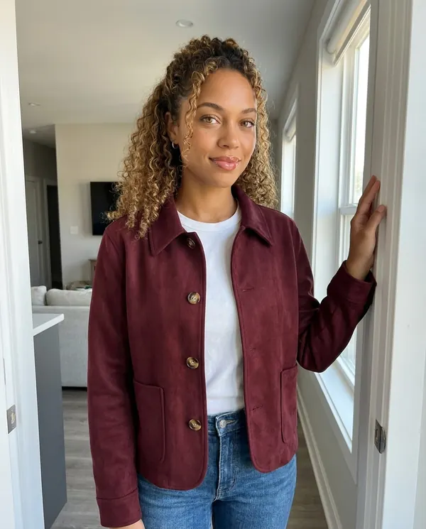 Satin Eve styling: Faux Suede Collared Button Jacket