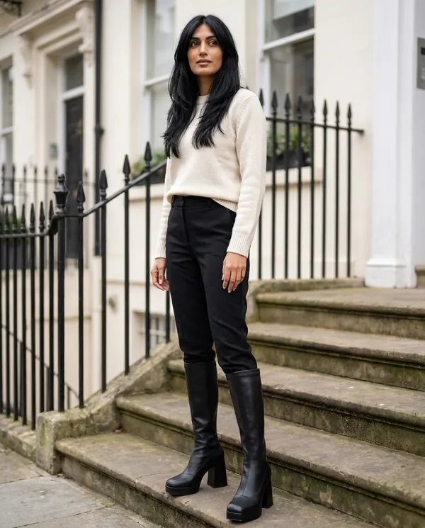 Satin Eve styling: Platform Stretch Knee-High Boot
