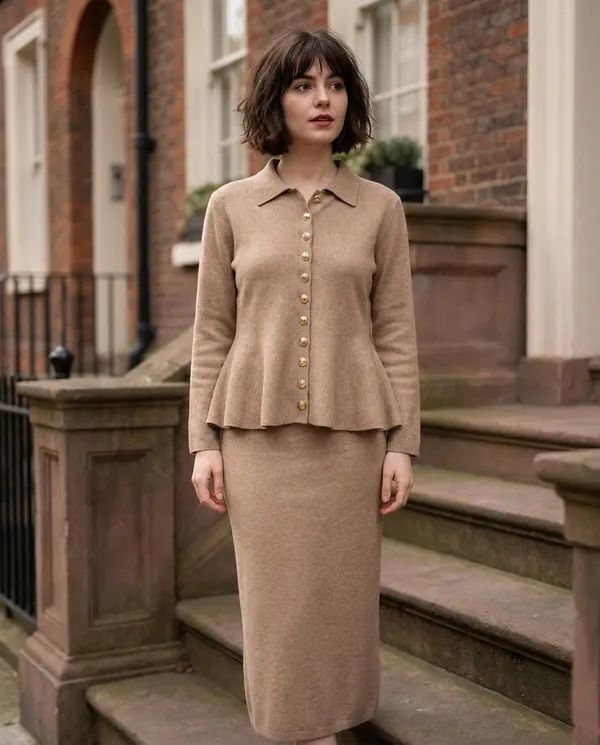 Satin Eve styling: Collared Gold Button Cardigan and Knit Skirt Set