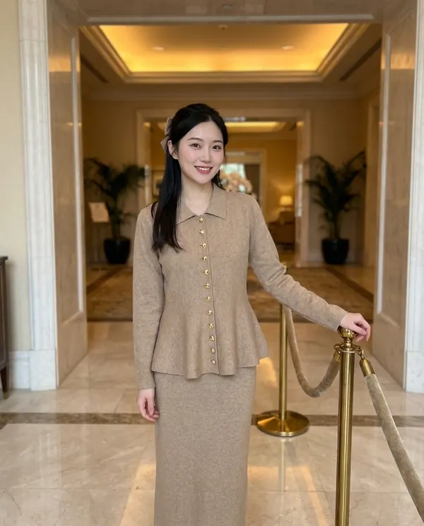 Satin Eve styling: Collared Gold Button Cardigan and Knit Skirt Set