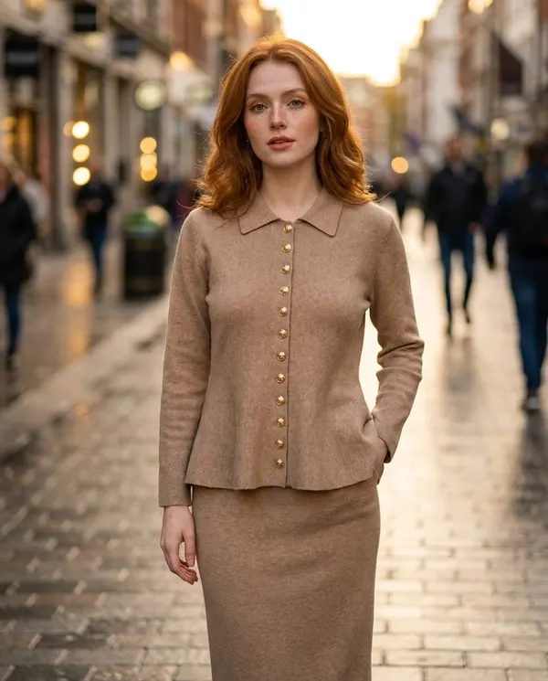 Satin Eve styling: Collared Gold Button Cardigan and Knit Skirt Set