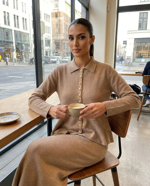 Satin Eve styling: Collared Gold Button Cardigan and Knit Skirt Set
