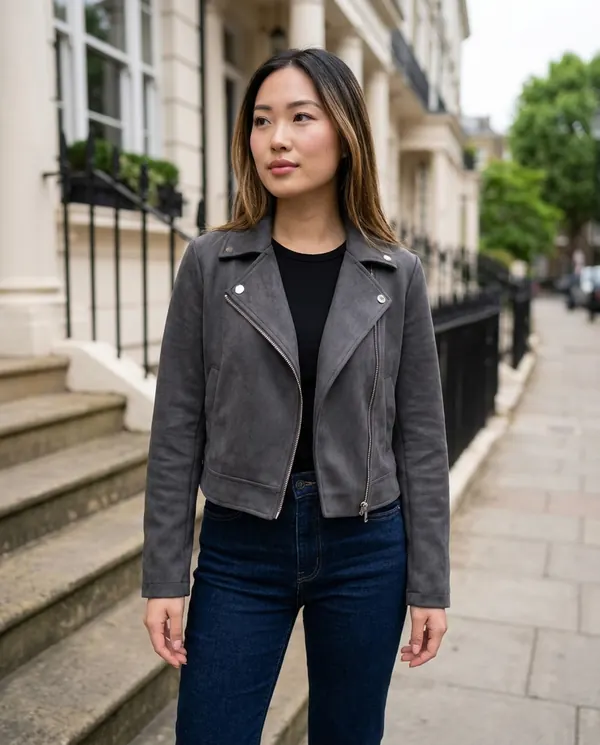 Satin Eve styling: Faux Suede Cropped Biker Jacket