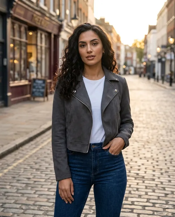 Satin Eve styling: Faux Suede Cropped Biker Jacket