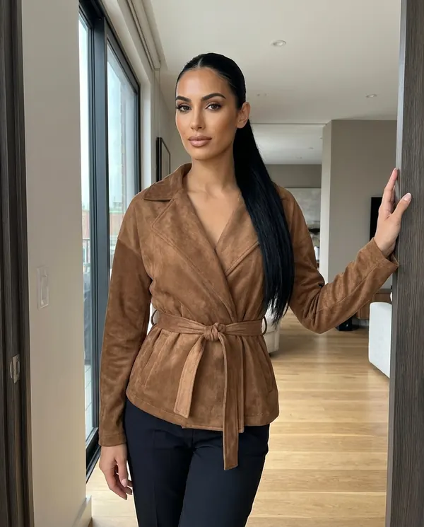 Satin Eve styling: Faux Suede Tie-Waist Wrap Jacket