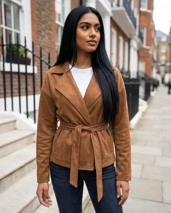 Satin Eve styling: Faux Suede Tie-Waist Wrap Jacket
