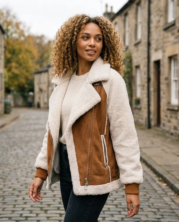 Satin Eve styling: Faux Shearling and Suede Panel Moto Jacket