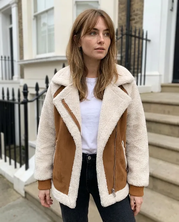 Satin Eve styling: Faux Shearling and Suede Panel Moto Jacket