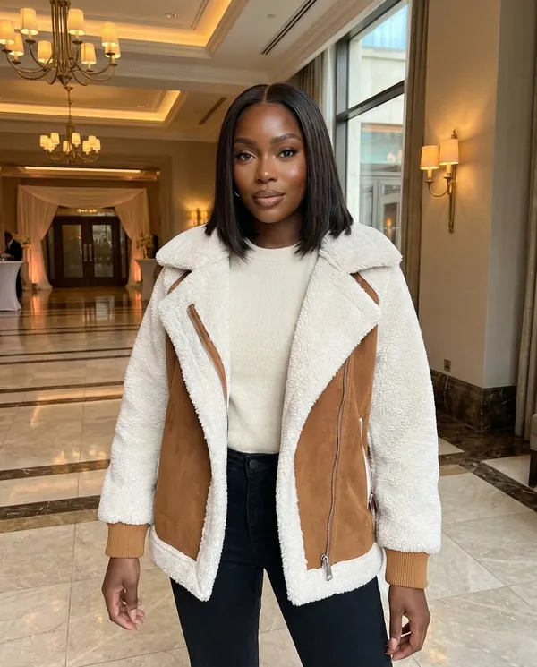 Satin Eve styling: Faux Shearling and Suede Panel Moto Jacket