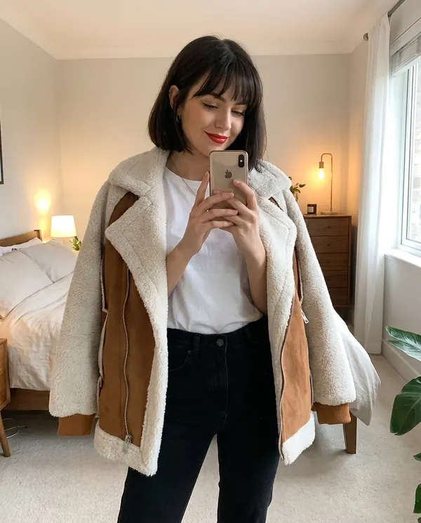 Satin Eve styling: Faux Shearling and Suede Panel Moto Jacket