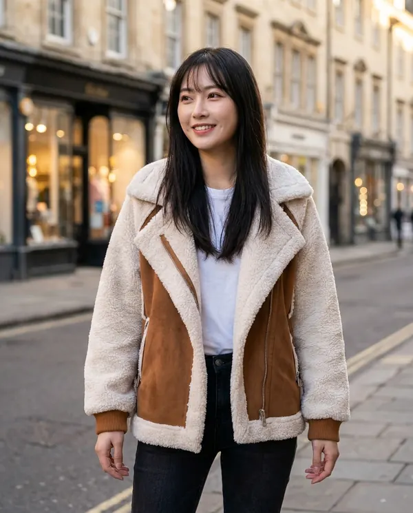 Satin Eve styling: Faux Shearling and Suede Panel Moto Jacket