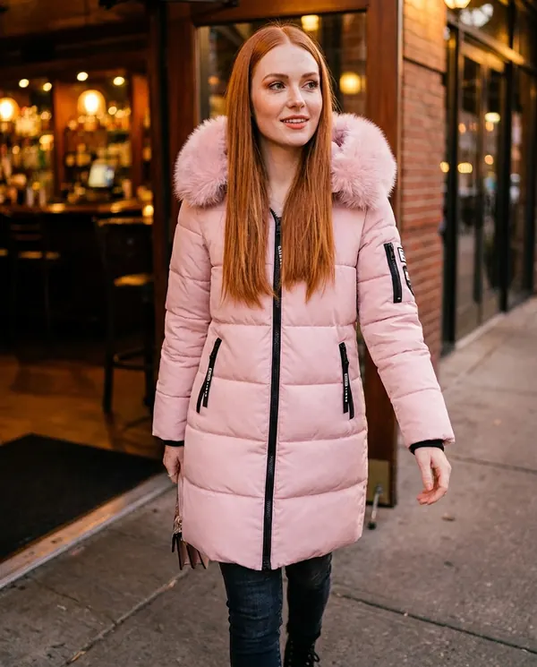 Satin Eve styling: Pink Puffer Parka with Fur-Trim Hood