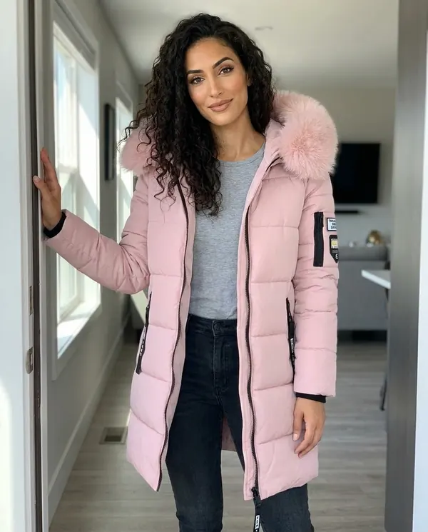 Satin Eve styling: Pink Puffer Parka with Fur-Trim Hood