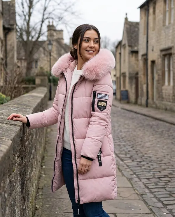 Satin Eve styling: Pink Puffer Parka with Fur-Trim Hood