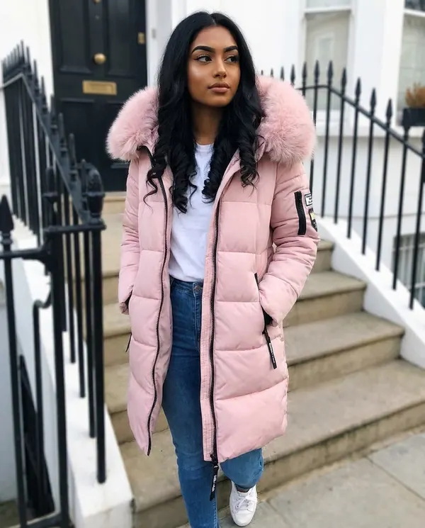 Satin Eve styling: Pink Puffer Parka with Fur-Trim Hood