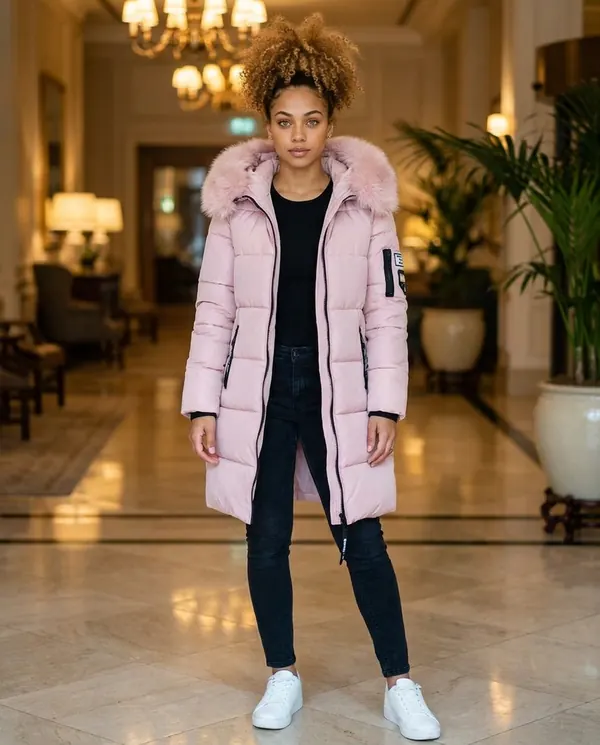 Satin Eve styling: Pink Puffer Parka with Fur-Trim Hood
