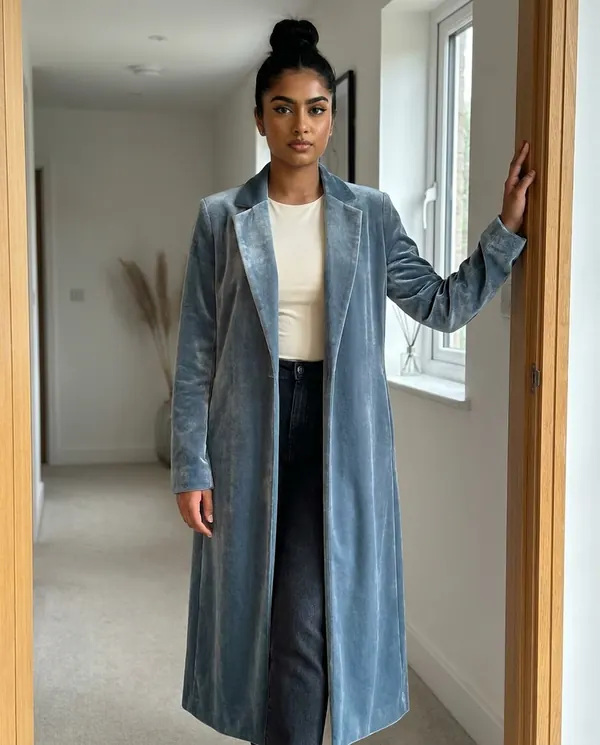 Satin Eve styling: Long Velvet Coat