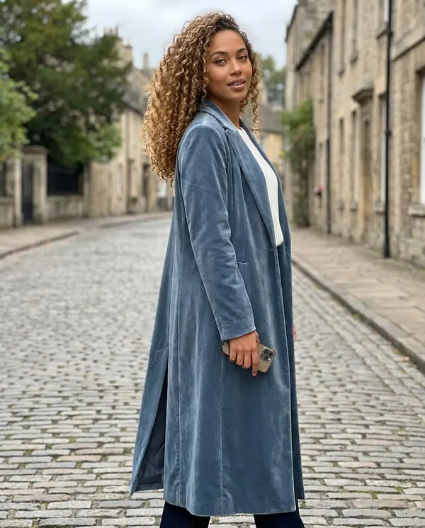Satin Eve styling: Long Velvet Coat