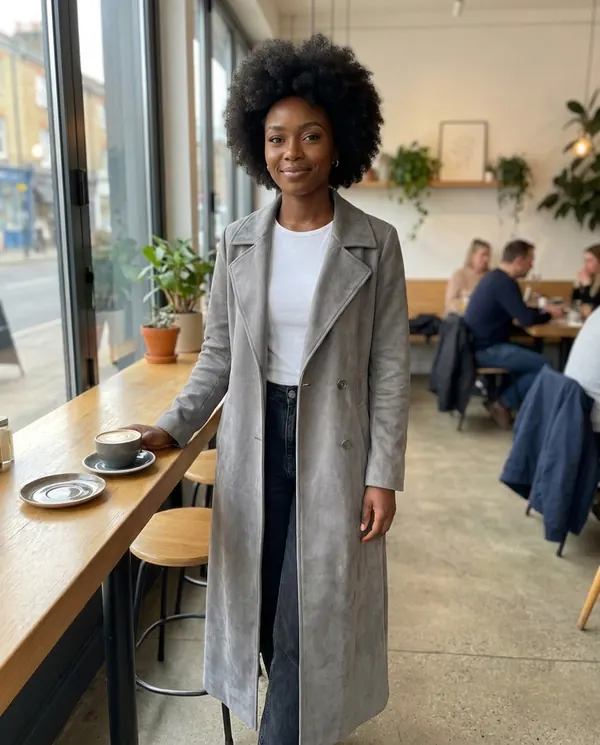 Satin Eve styling: Long Faux Suede Coat