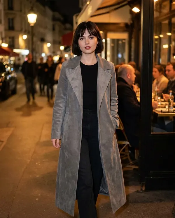 Satin Eve styling: Long Faux Suede Coat